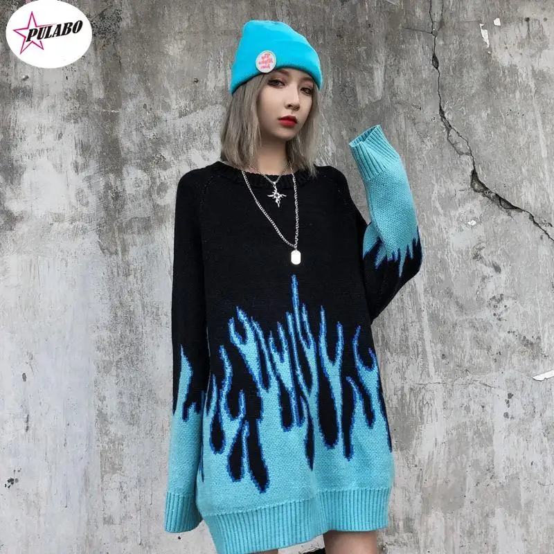 

PULABO y2k Sweater Female Hip-hop Style Flame Jacquard Women's Sweater Traf Couple Pullover Knit Top Loose Men's Sweater