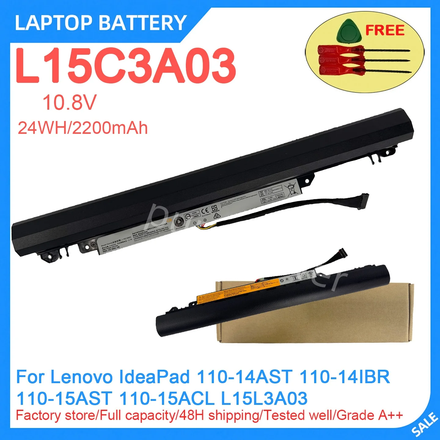 New Laptop Battery L15C3A03 10.8V 24WH 2200mAh High Quality For Lenovo IdeaPad 110-14AST 110-14IBR 110-15AST 110-15ACL L15L3A03