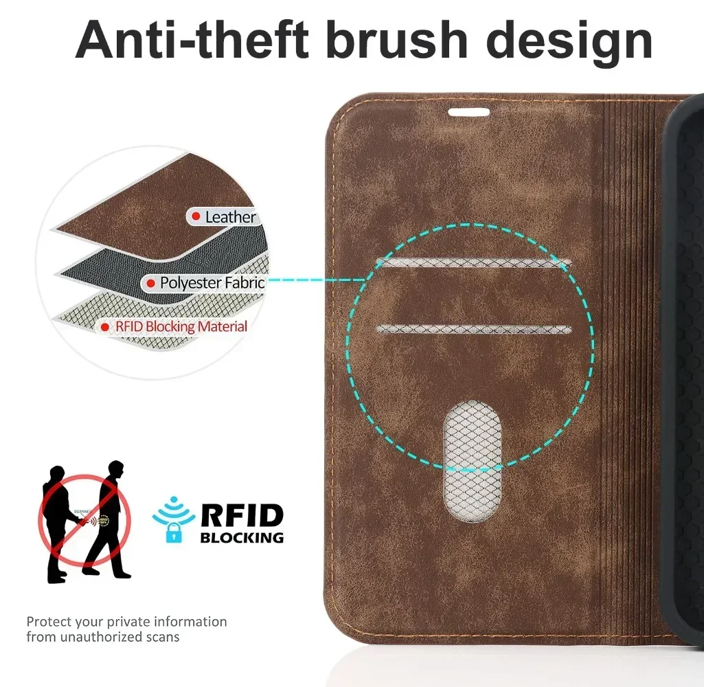 Leather Magnetic Flip Case for iPhone 16 15 14 13 12 Pro Max Plus Mini Cover Vintage Wallet Card Pocket Stand Shell for Magsafe