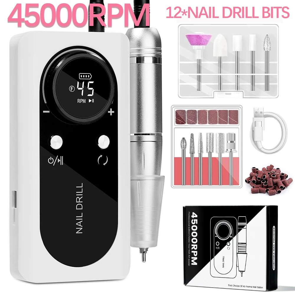 Upgrade 45000RPM Electric Nail Drill Machine Professional Nail Drills for Gel Polish Rechargeable Portable Nail File Manicure