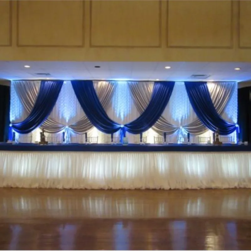 

3M*6M White Wedding Backdrop with royal blue and silver swags Stage Curtain Wedding Decoration