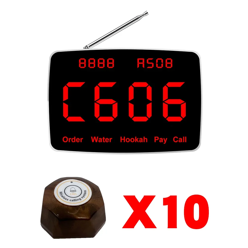 10 pcs of Table Call Button 1 Display Monitor Receiver for Restaurant , Wireless Waiter Calling System