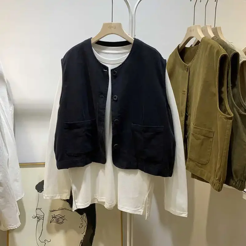 Women's Khaki Sleeveless Vest Buttoned Pocket Loose Fit Casual Daily Layered Waistcoat Multiple Colors