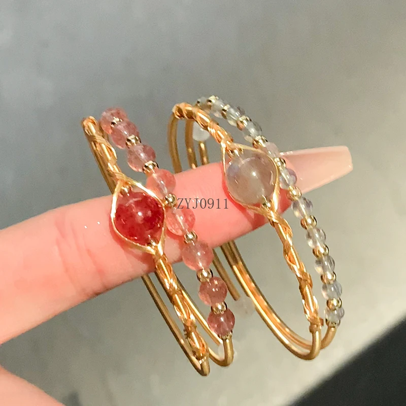 Nueva pulsera china de piedra lunar, pulsera de anillo liso para mujer, pulsera de cristal de fresa Premium, mano elástica de estilo nacional