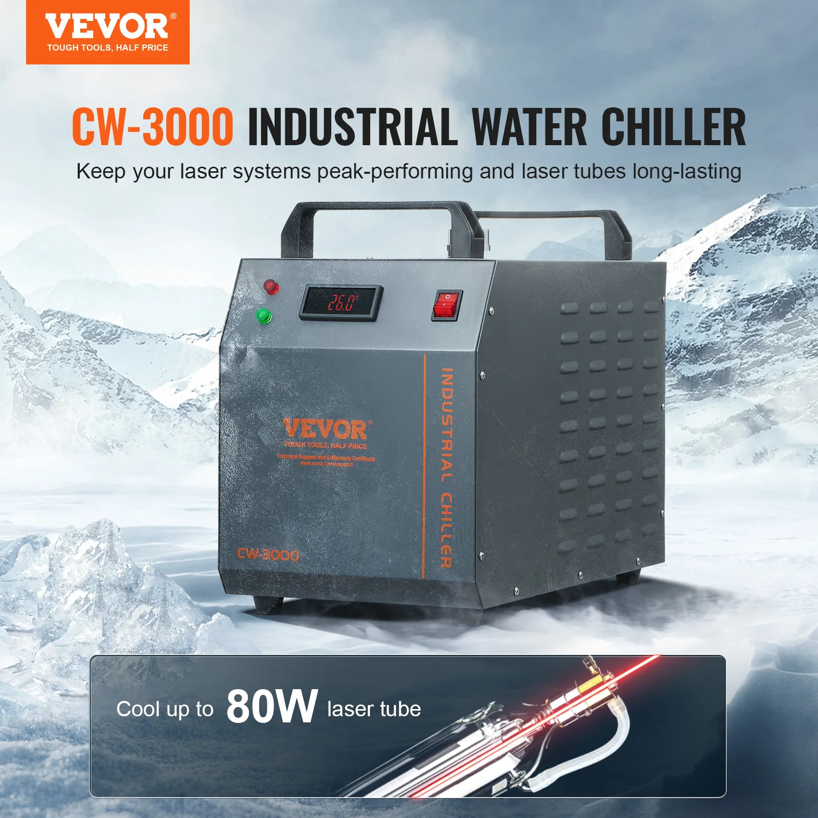 Imagem -02 - Vevor-resfriador de Água Industrial para Máquina de Gravação a Laser Refrigerado a ar Capacidade do Tanque de Água Cw3000 80wcw-3000 Pro 12l 150w