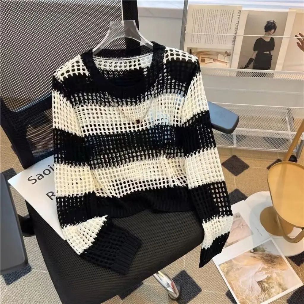 

Ladies Long Sleeve Fashion Blouse Top Hollow Stripe Spring Summer Sweater Popular Trendy Casual Wear