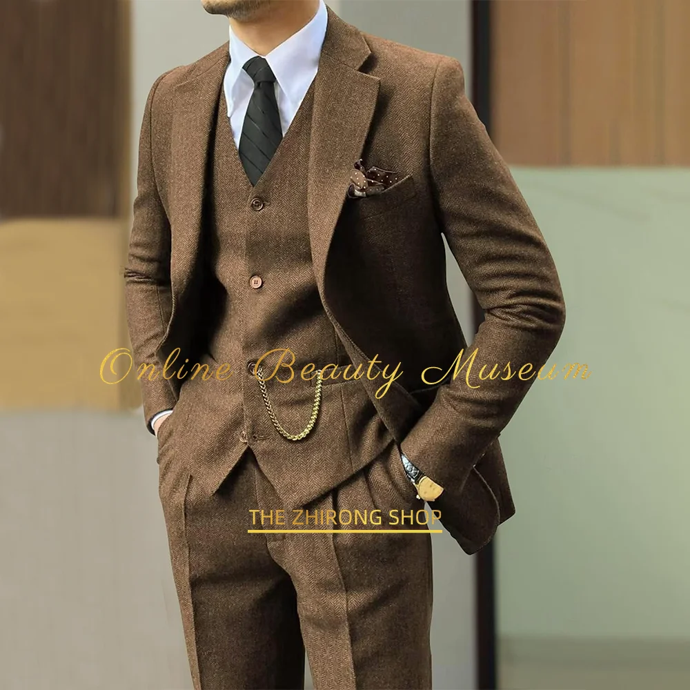 

Men's Suit in Brown Wedding Tweed Herringbone 3 Piece (jacket+vest+pants) Retro Vintage Tailored Fit premium prom party tuxedo