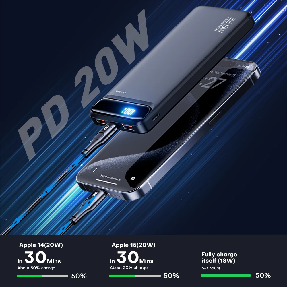 보조베터리 10000 mAh QC PD 빠른 충전 보조베터리 10000 mAh 외부 배터리 충전기 PoverBank 아이폰 13 12 11 Xiaomi