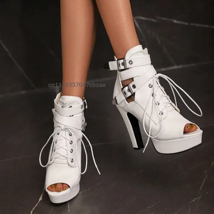 Summer Fashion Women Toe Platform Ankle Boots Sexy Thick Heels Lace Up Buckles Booties Evening Party Club Hollow Shoes 2026
