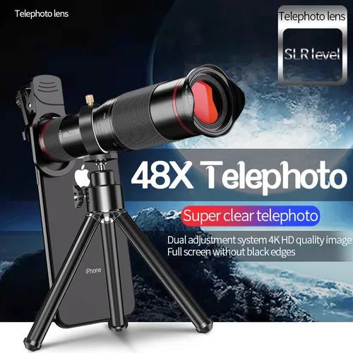 Imagen 2 del producto Lente de teléfono móvil con Zoom súper teleobjetivo 48x, potente telescopio Monocular de Metal, teleobjetivo HD móvil con trípode para acampar