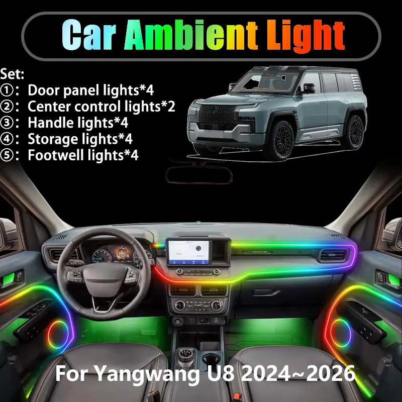 

Для Yangwang U8 U8L 2024 2025 2026 2/18 в 1 Автомобильное окружающее освещение Светодиодные внутренние светодиодные фонари багажника USB RGB Ensemble Streamer Auto