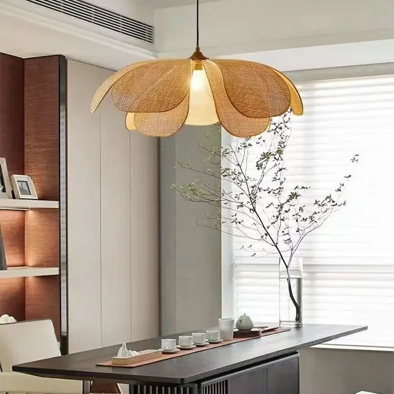 Handmade Rattan Pendant Light, Retro Japanese Petal Pendant Light, Suitable For Restaurant, Bedroom, Tea Room YX514BK