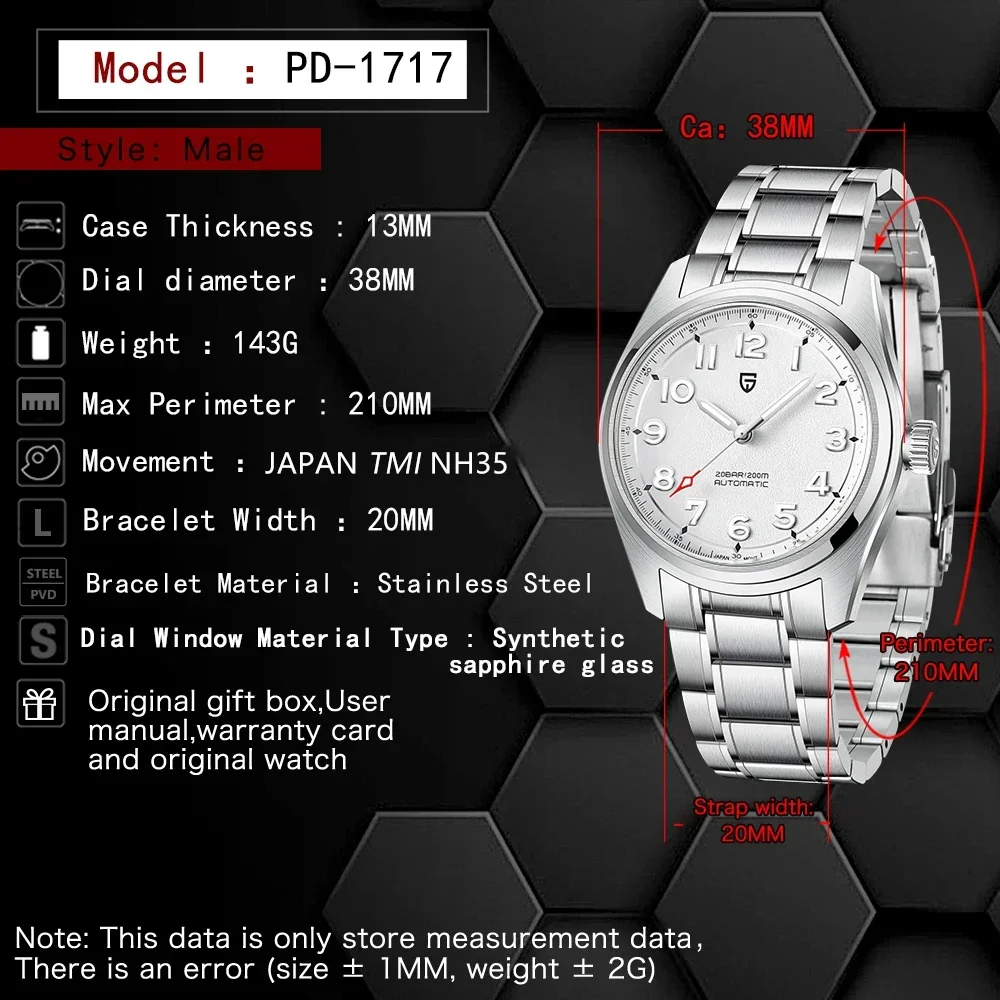 PAGANI DESIGN PD1717 Pilot Automatic Mechanical Watches 38MM Brand Sapphire Glass Waterproof Clock 38MM Men's Wristwatch