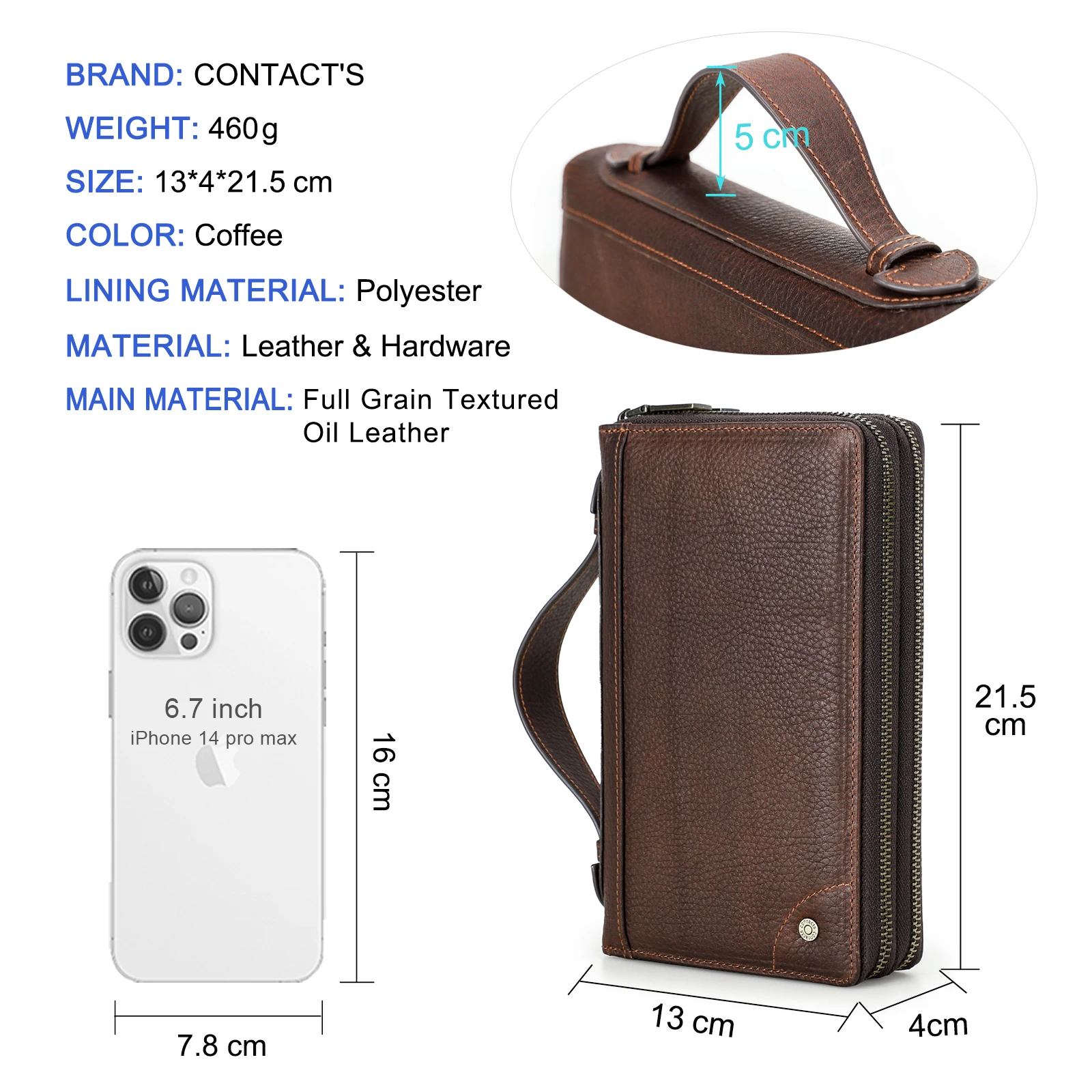 CONTACT'S Men Genuine Leather Clutch Wallets Retro Long Zipper Clutch Bag Phone Pocket Card Holder Passport Cover AirTag Wallets