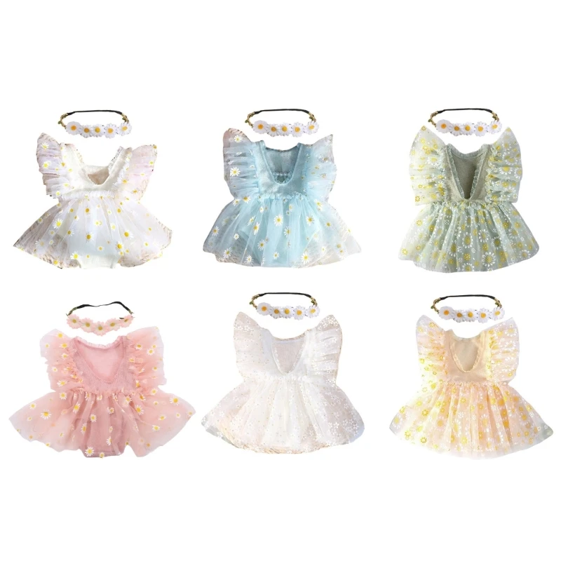 Infant Tulle Skirt Flower Hairband Photo Costume Set Photoshooting Props Newborn Shower Party Photo Outfit 2PCS