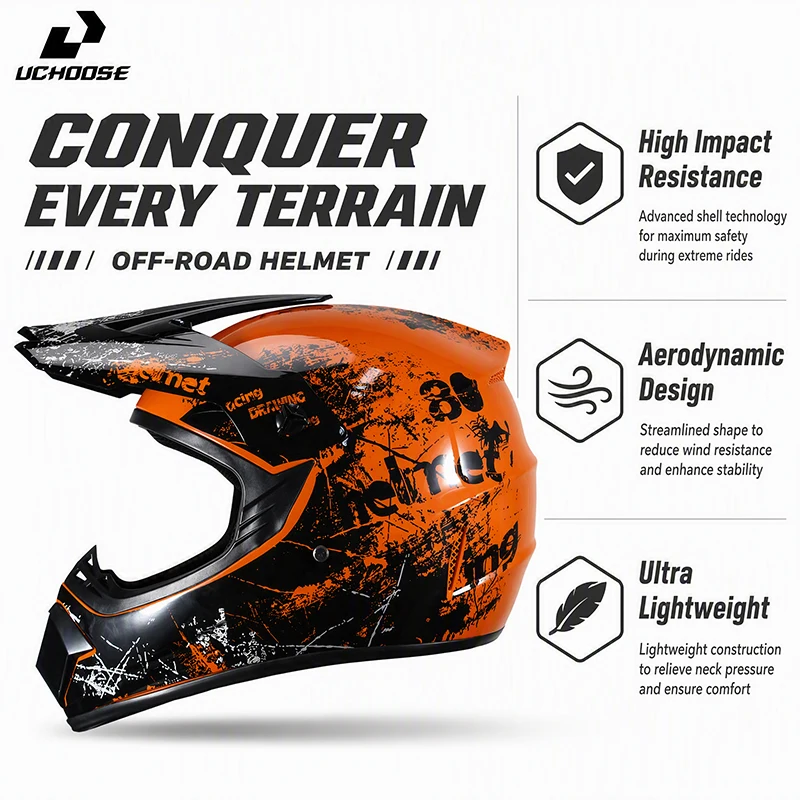 Casco de Motocross UCHOOSE, Casco Integral para Motocicleta Todoterreno, Casco para Motocross, ATV, Descenso y Carreras con Gafas de Motocross