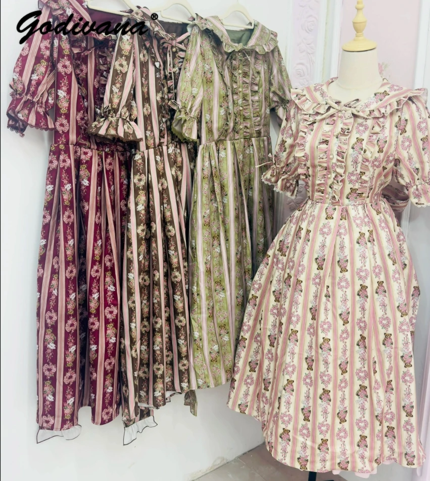

2025 New Spring and Summer Japanese Style Cute Rose Bear OP/JSK Dress Women's Sweet Printed Short Sleeve Calf-length Dresses