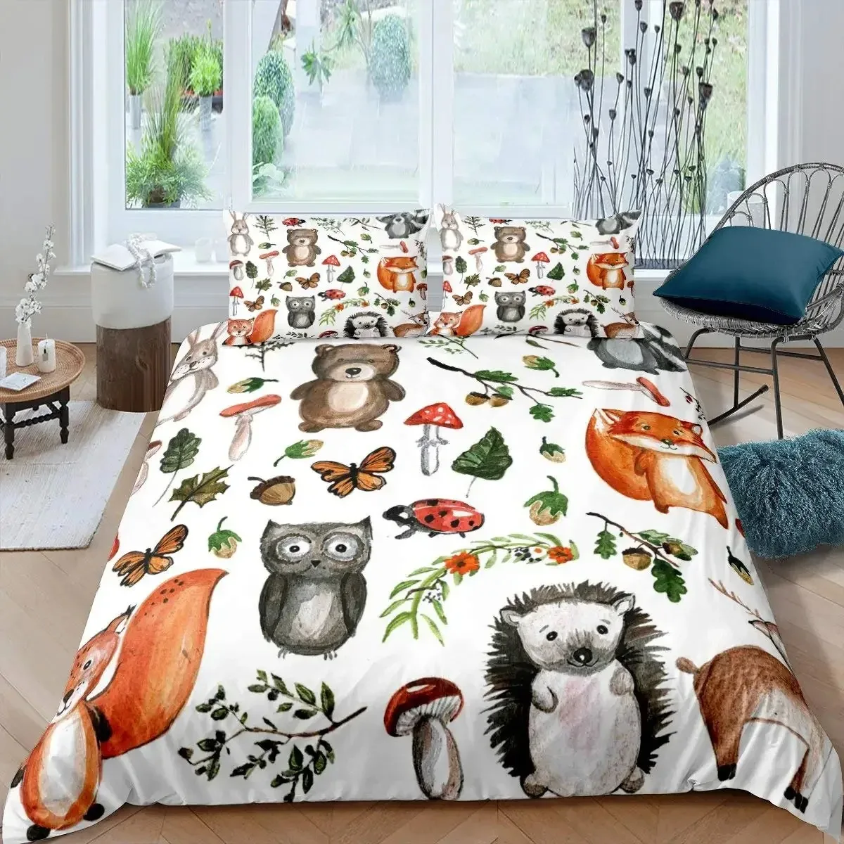 Hedgehog Duvet Cover Mushroom For Boys Teens Cute Cartoon Wild Animal Pinecone Tree Leaf Quilt Cover Autumn Leaves Room Decor