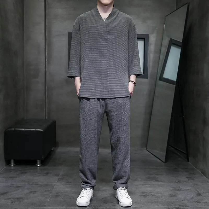 Casual Ice Silk Drape Chinese Style Men's Thin T-shirt Men's Short Sleeved Shirt Summer Loose Oversized Tang Suit Two-piece Set