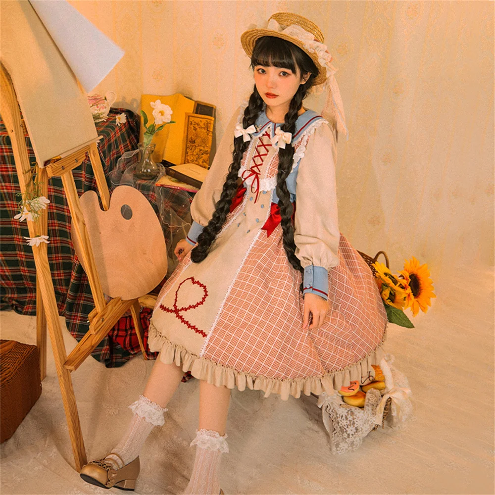 Painting Girls Spring Vantage Denim Stitching Lattice Lolita Dress Kawaii Girls Sweet Strap Lace Ruffle Tea Party Cos Lolita Op