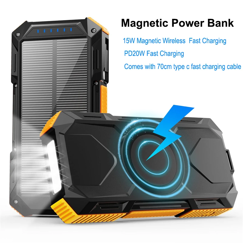 

20000mAh Magnetic Solar Power Bank with USB C Cable PD20W Fast Charging Magsafe Wireless Charger Powerbank for iPhone 16 Samsung