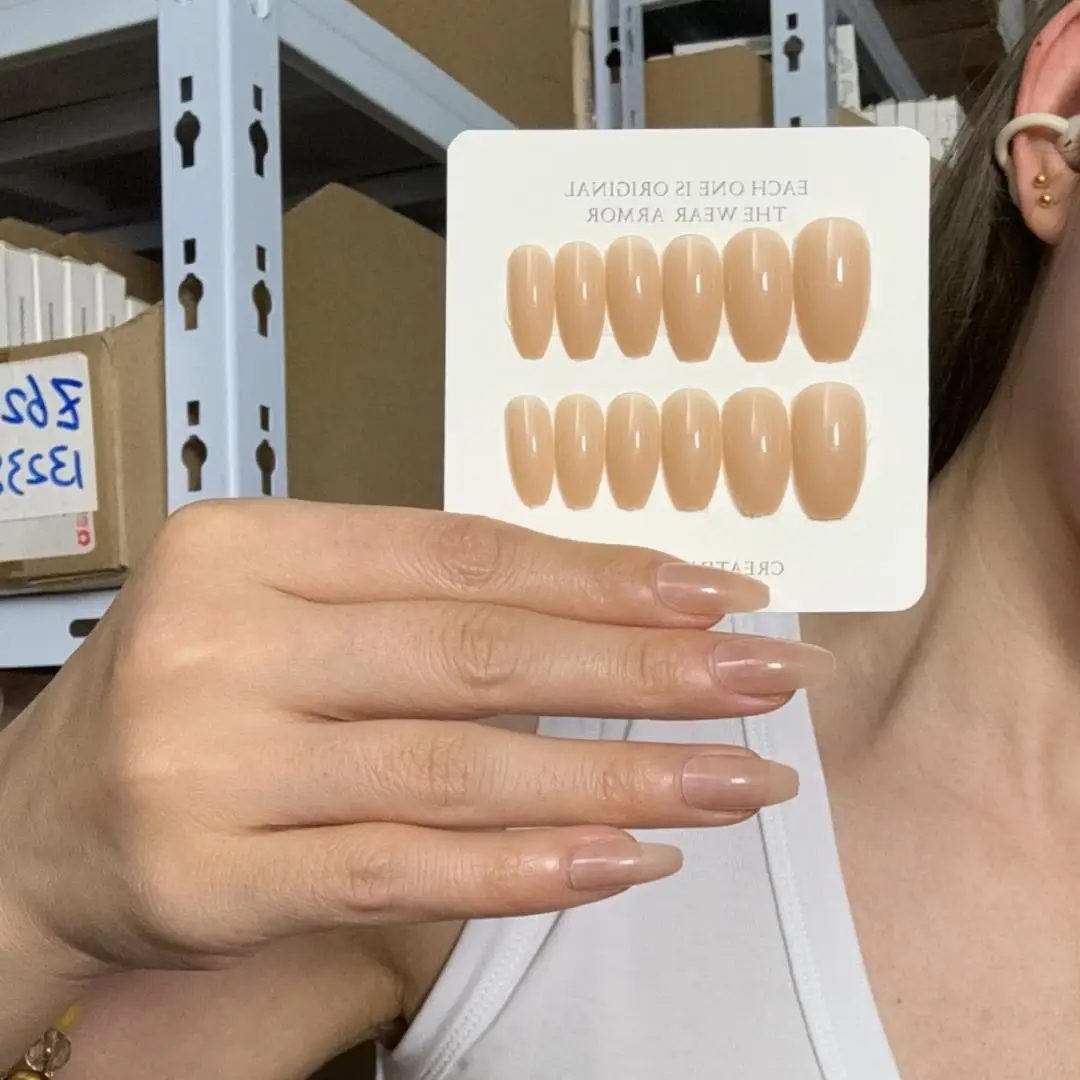 24Pcs/Box Oval Khaki-Colored False Nails Art Removable and Reusable Acrylic Almond Press on Nails Set Long Ballet Fake Nail Tips