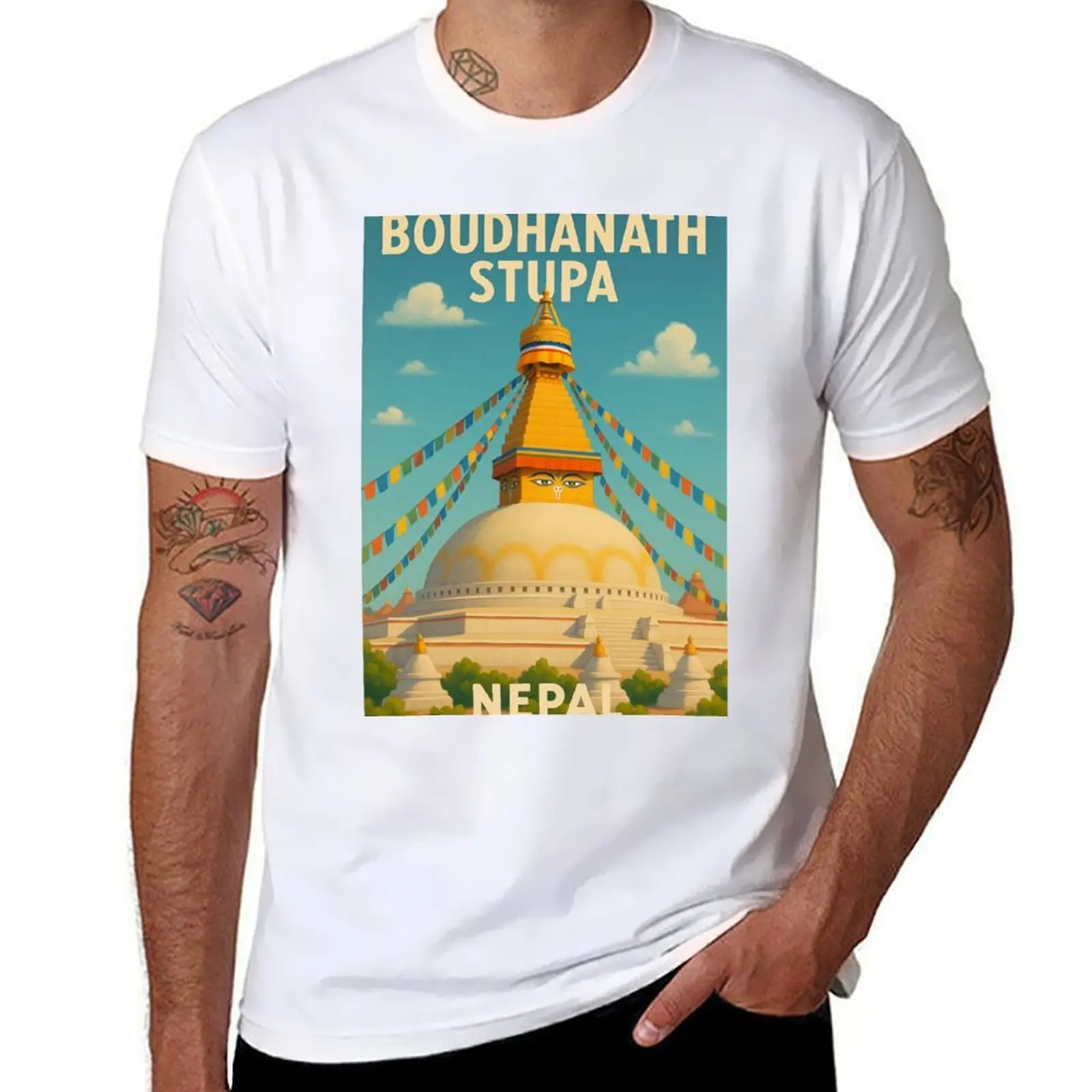 

Boudhanath Stupa Nepal с молитвенными флагами и всевидячими глазами, мужские футболки, высококачественная футболка люксового бренда