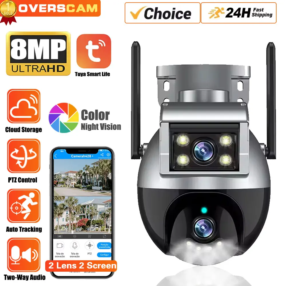 

4K Dual Lens Wifi IP Auto Tracking Camera Outdoor PTZ Wireless CCTV Security Surveillance Camera System Color Night Vision Tuya