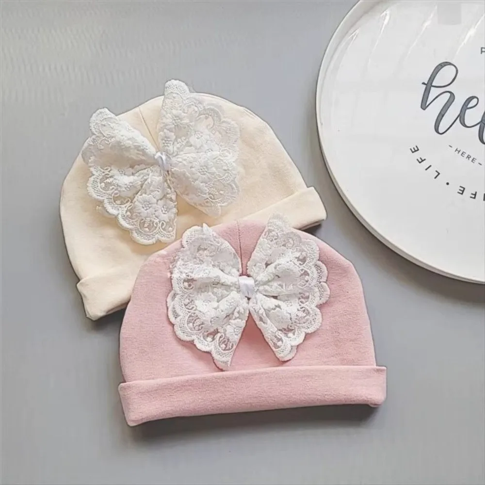 

New Big Lace Bow Baby Hat Double Layer Solid Color Newborn Cap Elastic Windproof Pullover Hat Spring Autumn