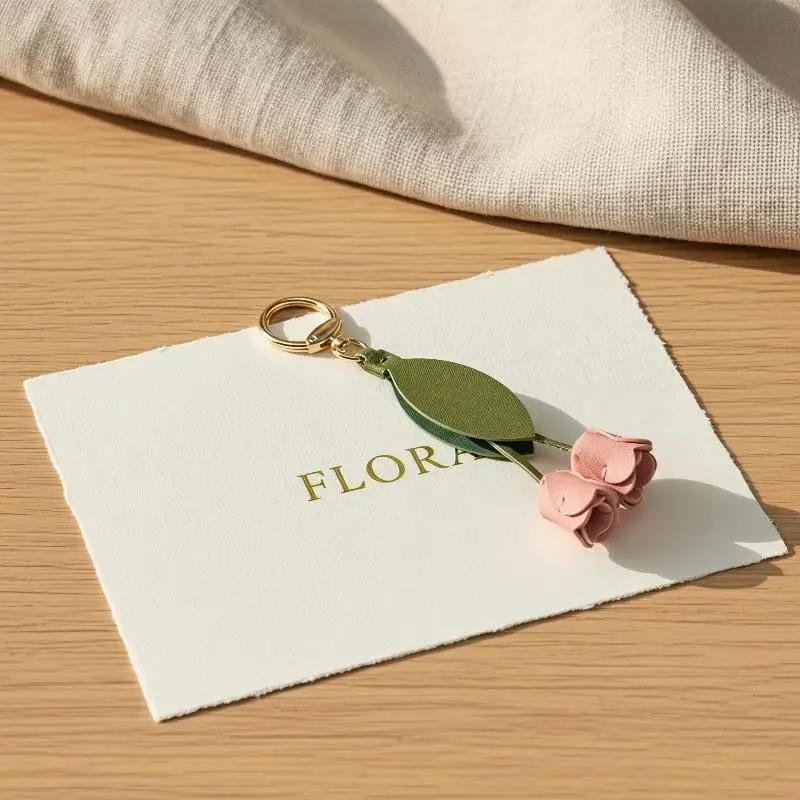 Premium PU Leather Tulip Bag Pendant Korean Style Car Key Chain with Floral Lanyard Sweet Decor for Teen Girls Backpack