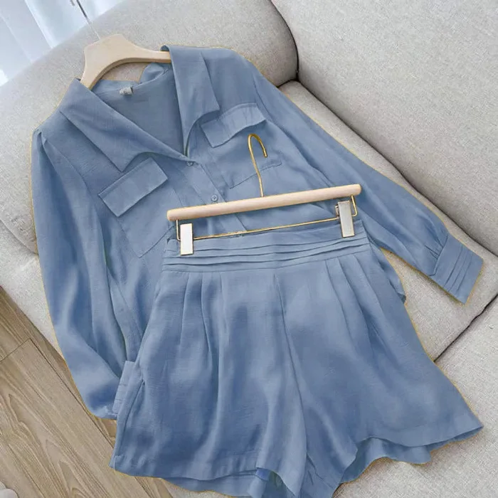 New Style Sports Rest Fashion Loose Single breasted Pocket Set Top Shirt Flip Collar Shorts Solid Color Slim Fit Two Piece Set