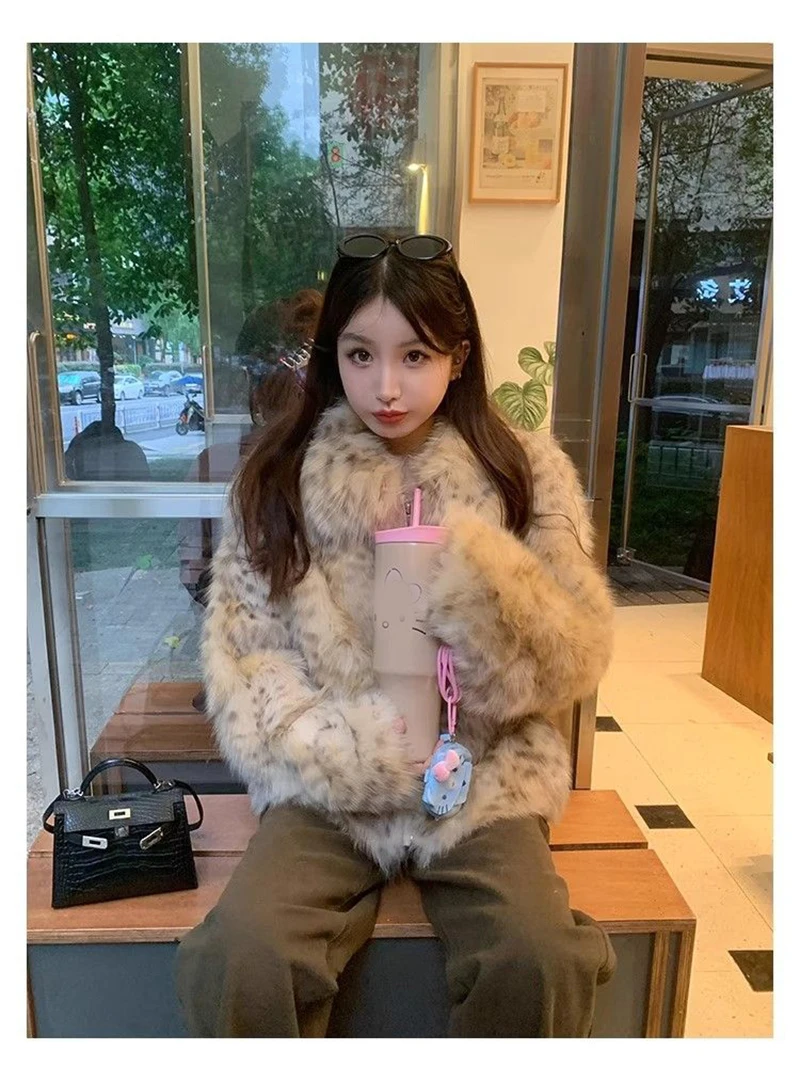 Leopard Faux Fur Coat Women Winter Thick Warm Vintage Streetwear Jacket Casual Zipper Female Retro American Hip Hop Outwear Tops
