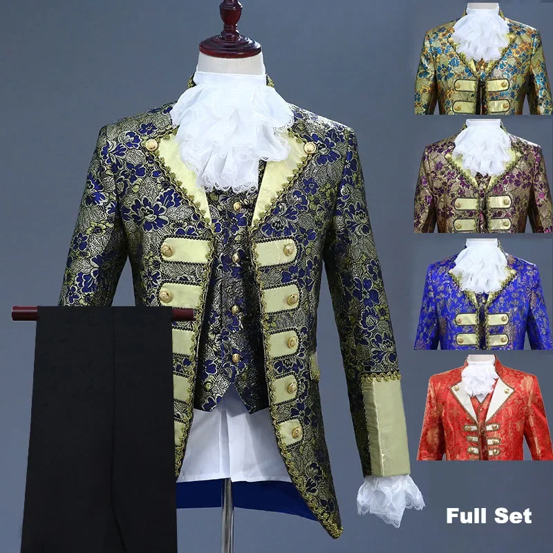 

Deluxe Victorian King Prince Costume For Adult Men Top Vest Jacket Coat Blazer Suit Stage Theater Cosplay Outfit Pants Jabot Tie