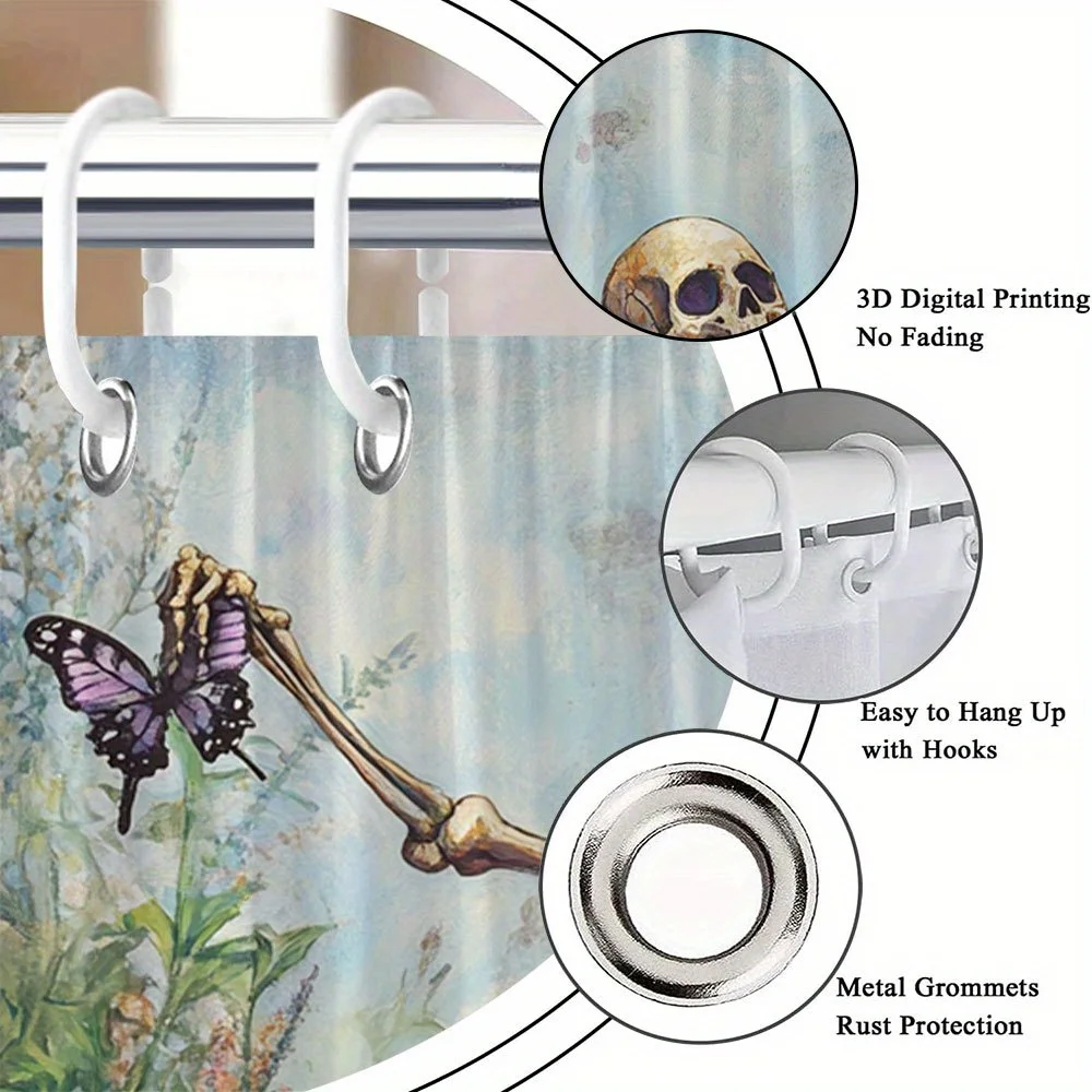 ハロウィン スケルトン & バタフライ シャワーカーテン - 油絵風、自然風景、ポリエステル製バスルーム装飾、フック12個