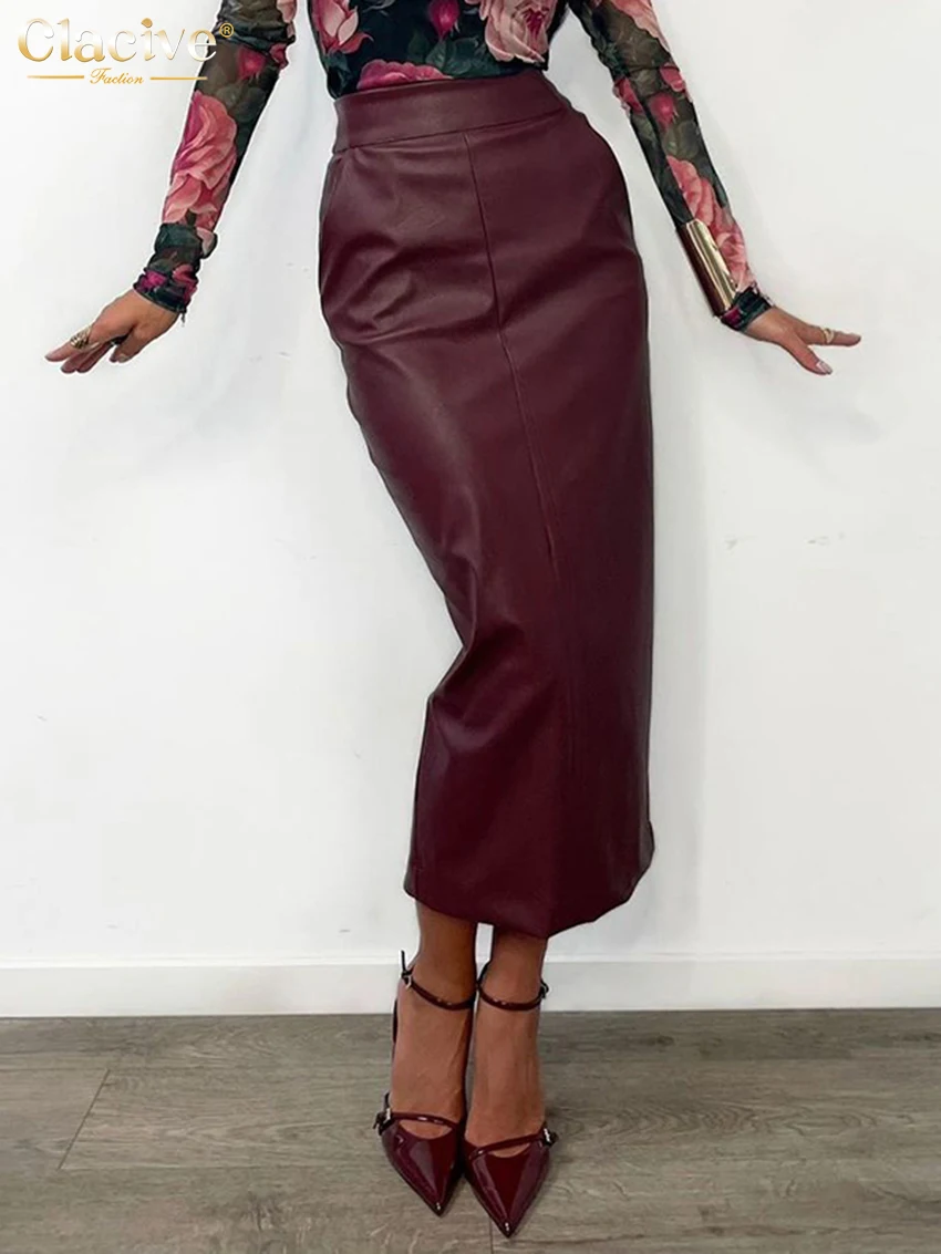 Clacive Fashion Loose Wine Red Pu Leather Women\'s Skirt 2025 Elegant High Waist Midi Skirts Casual Classic Skirt Female Clothing