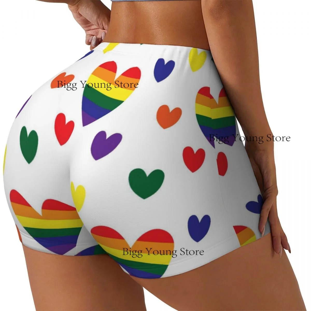 レディースヨガショーツ ハート レインボーカラー スタイル スクランチ ヒップアップ バットリフティング 快適 フィットネス ジム ヒップショーツ