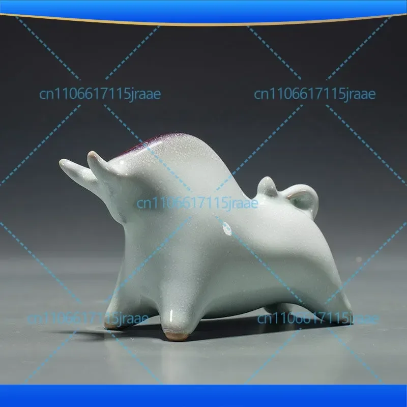 Handmade Jun Porcelain Ornament White Kiln Changed Jun Porcelain Ruyi Cattle Attracts Good Luck