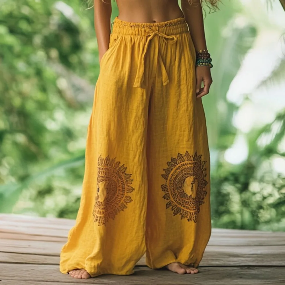 Women New Fashion Printed Wide Leg Long Pants High Waist Loose Fit Breathable Flattering Casual Streetwear Vacation Trousers