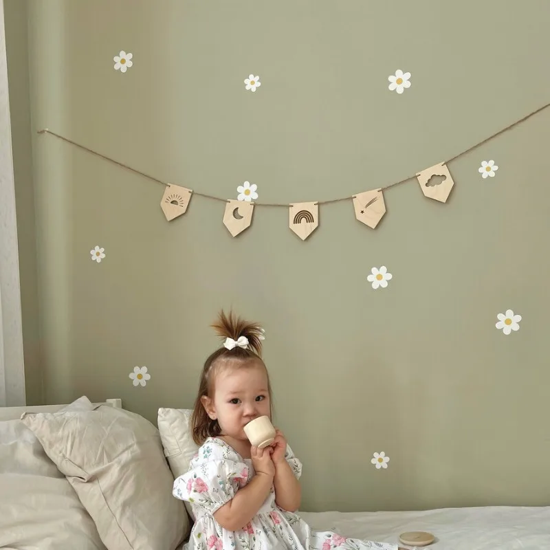 Nordic Kids Room Wooden Pull Flag Decoration Children‘s Room Wall Hanging Decoration Solid Wood Banner Pull Flower Party Decor