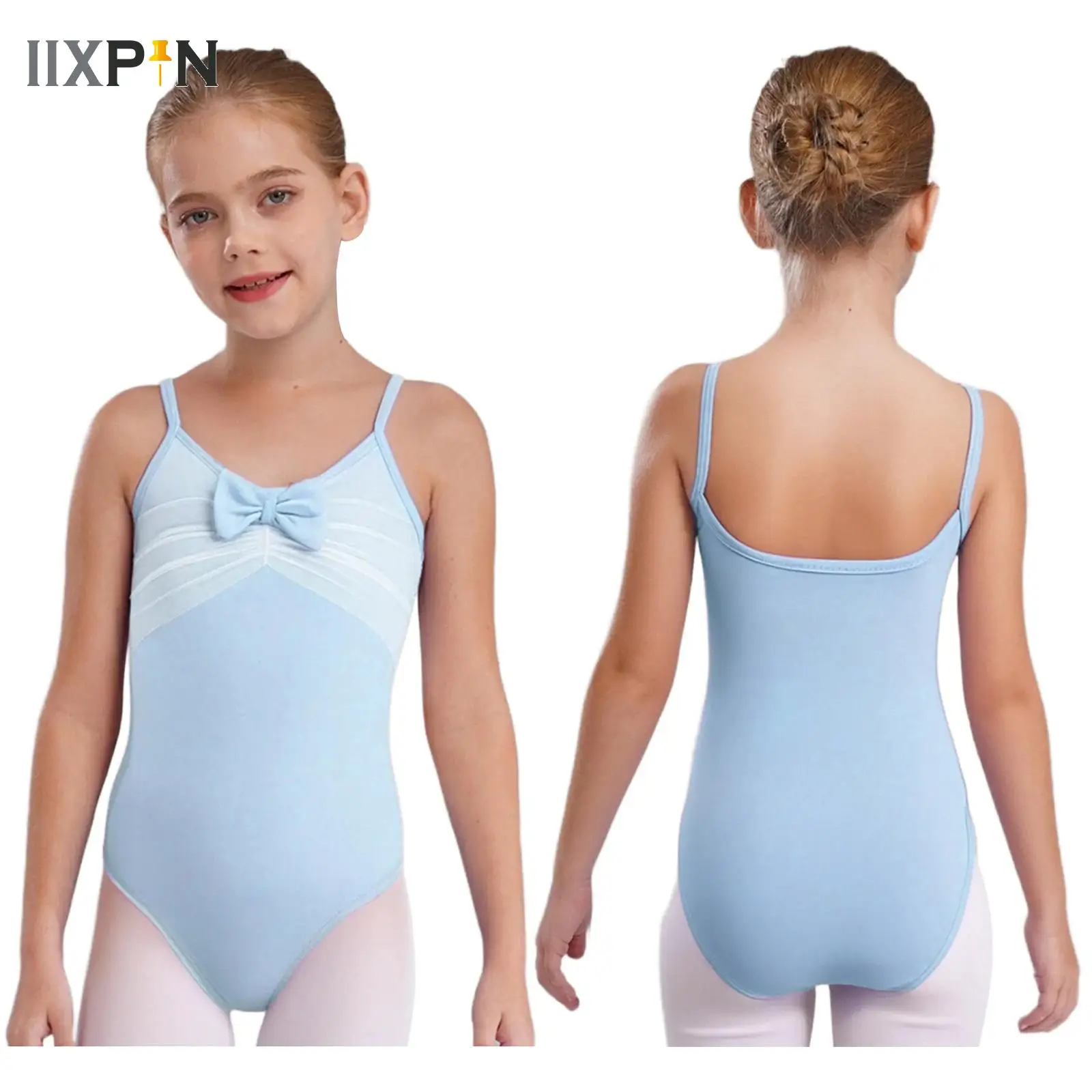 

Girls Dance Leotards Bowknot Ruched Mesh Overlay Sleeveless Gymnastics Ballet Dance Practice Stage Performance Bodysuit Costume