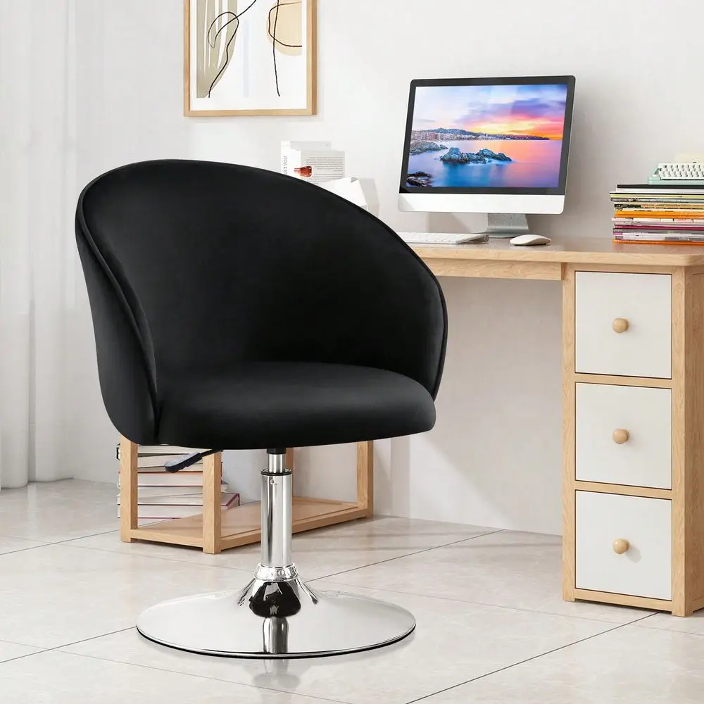 

Black Vanity Chair With Curved Back Modern Velvet Upholstered Makeup Chair With Chrome Base Luxurious Height Adjustable Barrel