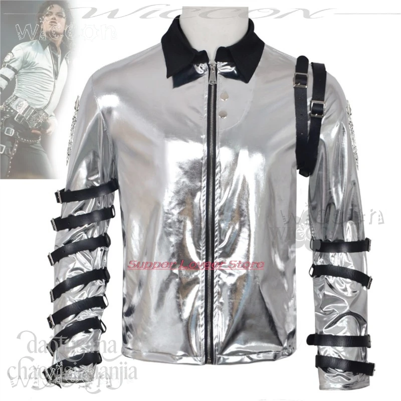 Halloween Cosplays Michael Jackson Silver Leather Coat – Punk Stage Costume + Long Wavy Wig, Halloween Prop view 2