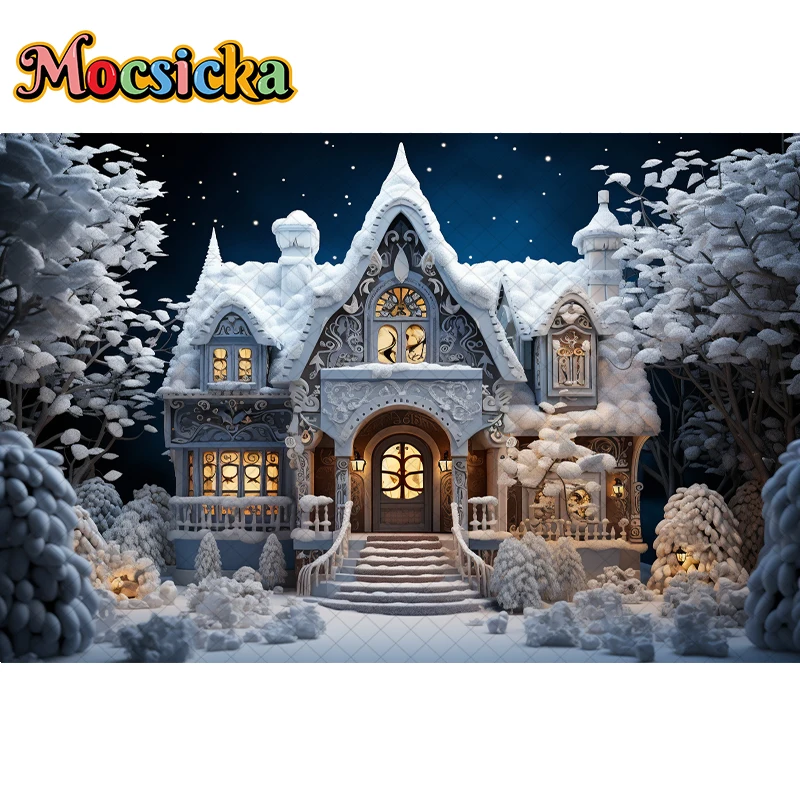 Arrière-Plan de Photographie de Noël d'Hiver, Thème Monde Glacé, Arbre de Noël, Blanche Neige, Décor de Maison, pour Portrait d'Enfant et d'Adulte, Studio Photo
