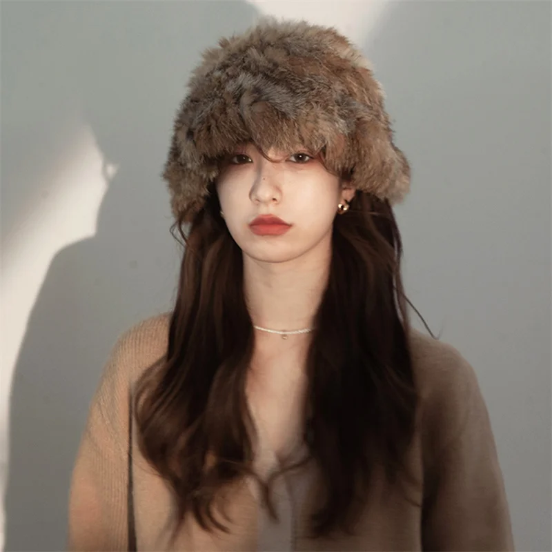 

Winter High Quality Fur Hat Russian Fashion Luxury Rex Rabbit Fur Warm Hat Natural Soft, Fluffy, Thickened Real Fur Hat