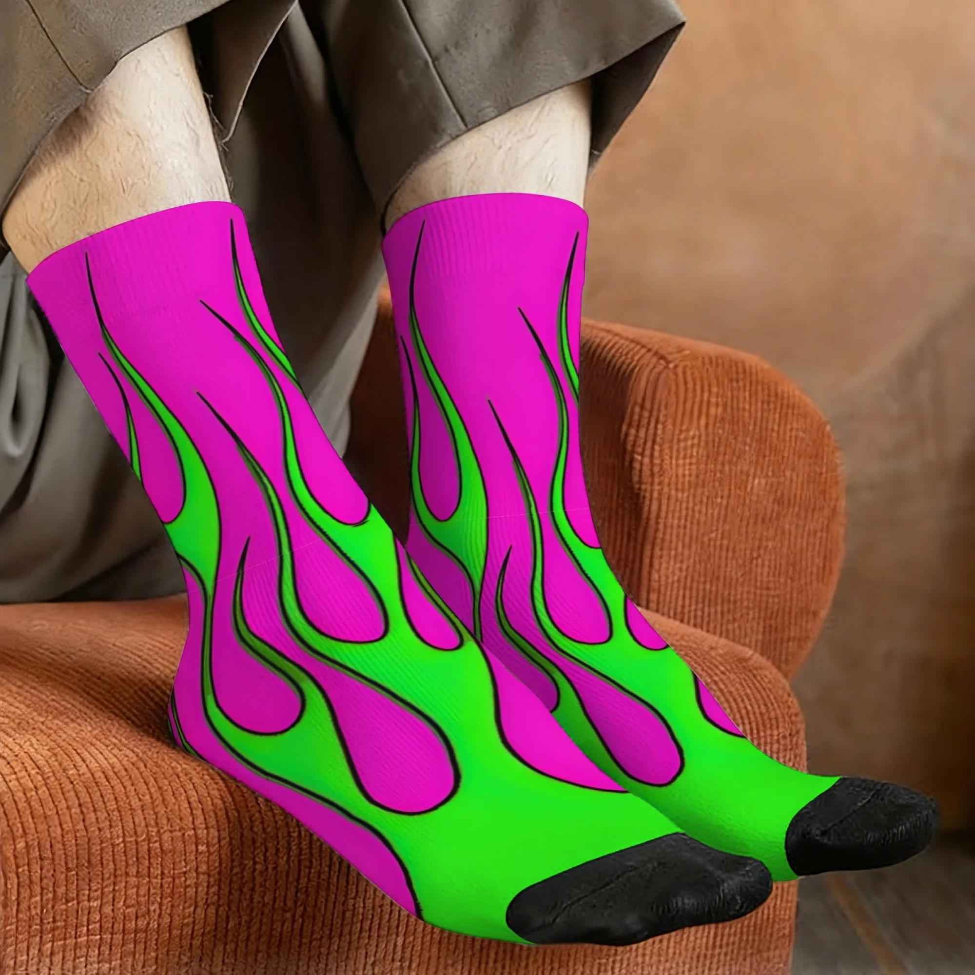 Men's Green Flame Fluorescent Pink Printed Socks Breathable and Non-slip Socks Street Fashion Sporty Harajuku Style Fun Socks