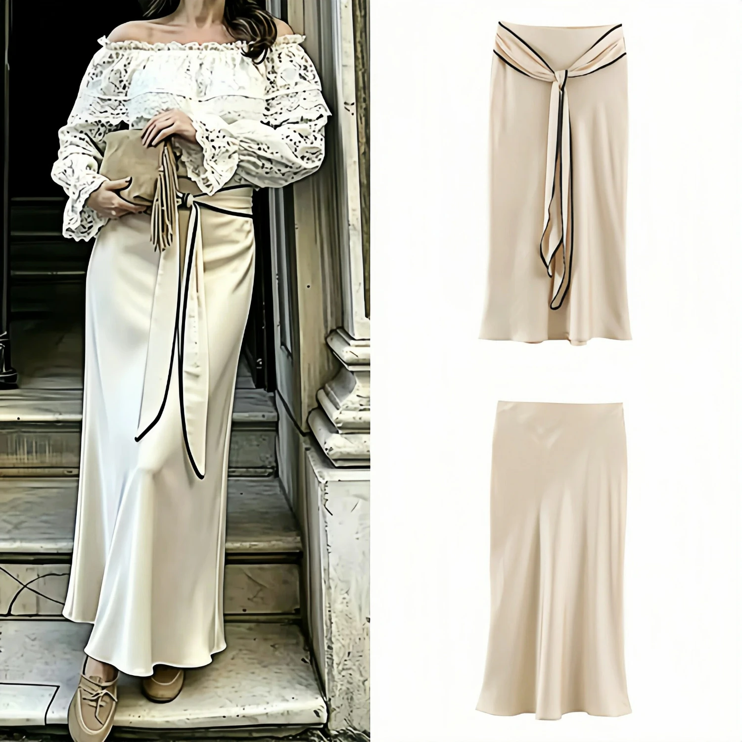 High Waist Ruffles Satin Midi Skirt 2026 Summer Women Knot Tie Straps Elegant Chic Vacation Flowy Skirt