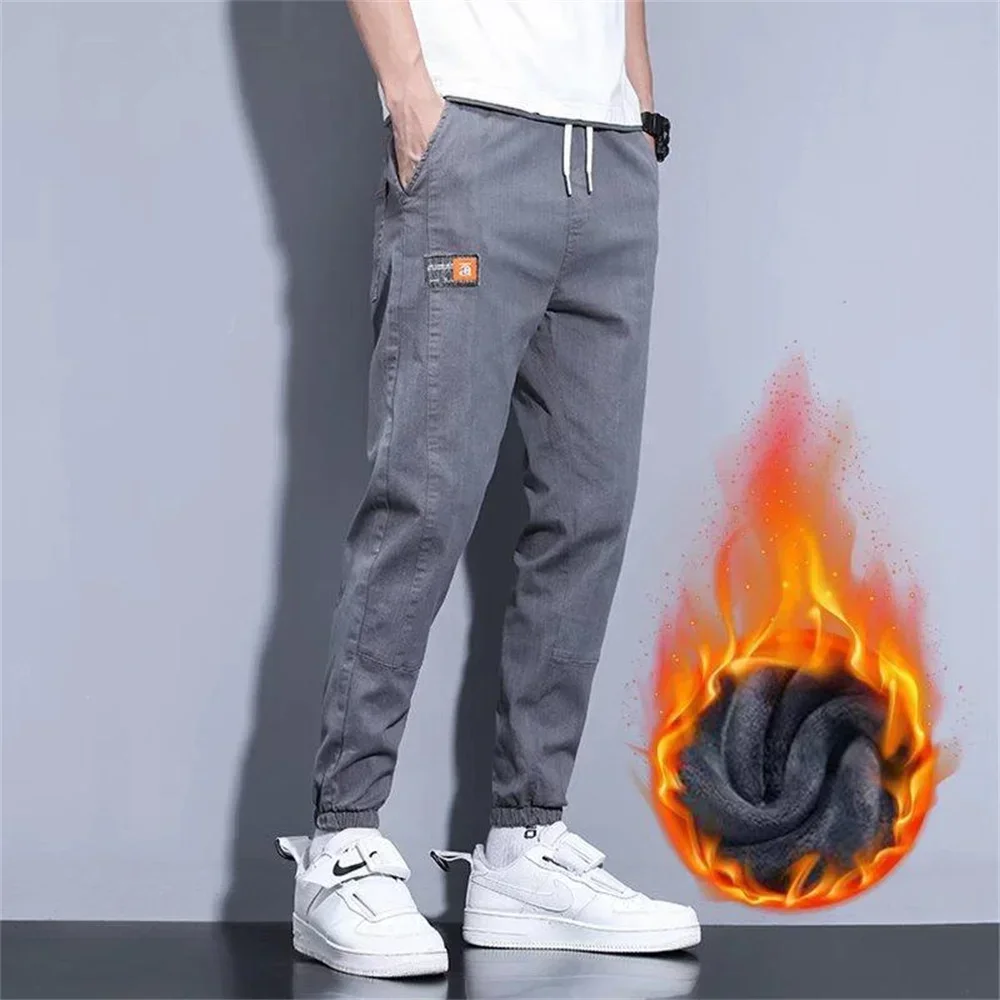 2023 Winter Men Jeans Fleece Lined Thick Warm Black Joggers Fashion Streetwear Cotton Casual Thermal Harem Jean Pants men