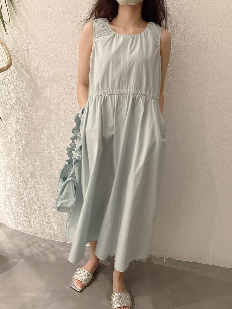 Korean Style Elegant Dress Women Summer New O-Neck Sleeveless Gift Bag Long Dresses Fashion Niche With Pocket Sundress