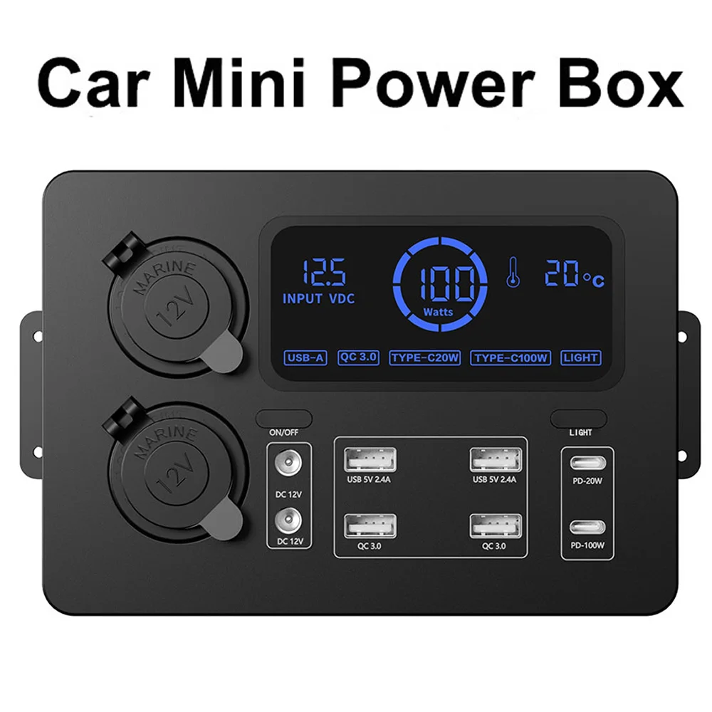 

Portable Control Hub with LED Lights Adapter Mini Power Box with LED Lights 100W for RVs, SUVs, Boats LCD Display Power Box 12V
