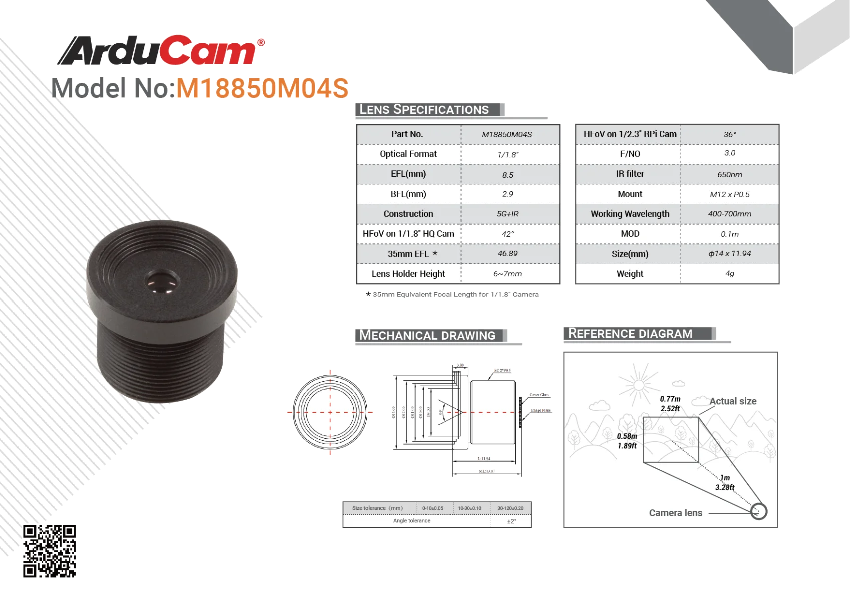 Arducam 1/1.8'' 4K 8.5mm Low Distortion M12 Lens for OS08A10,OS08A20 and more image sensors with large optical format